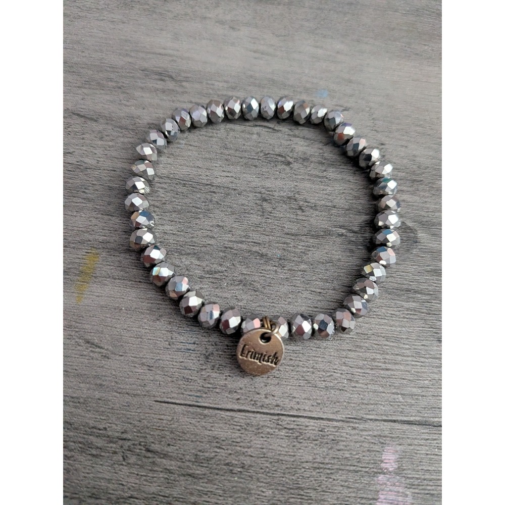 Erimish Faceted Metallic Silver Beaded Stretch Bracelet with Logo Charm